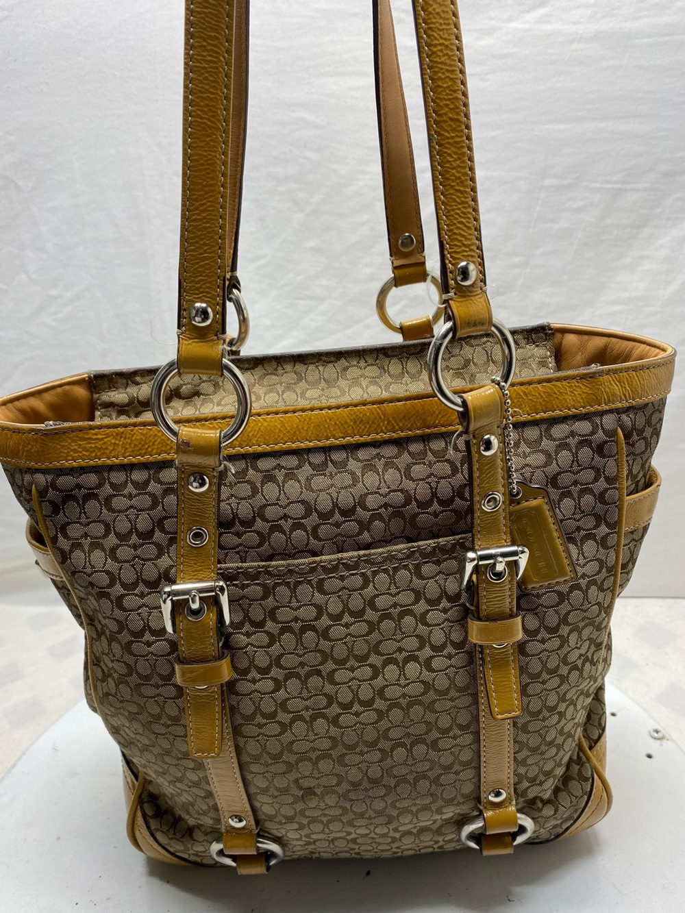 Coach Signature Monogram Jacquard Soho Tote Bag Tan Brown Patent Leather Trim
